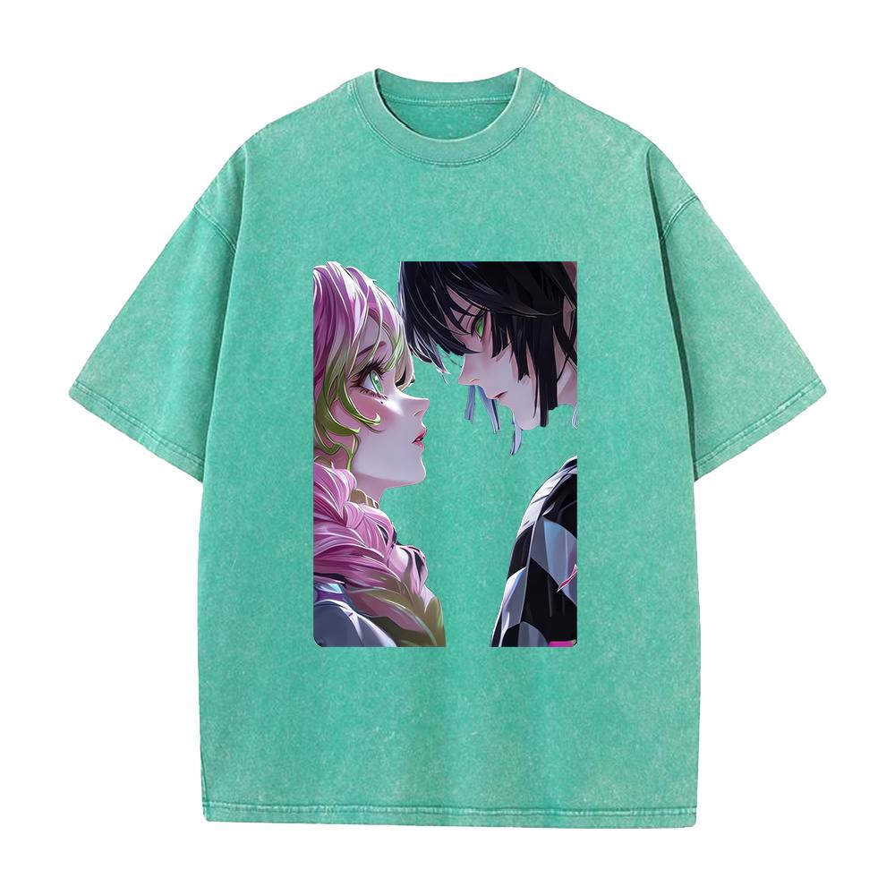 Iguro Obanai Kanroji Mitsuri Demon Slayer Print T-shirt Men Women Short Sleeve Clothing Cotton Tshirt Harajuku Washed Tops Tee