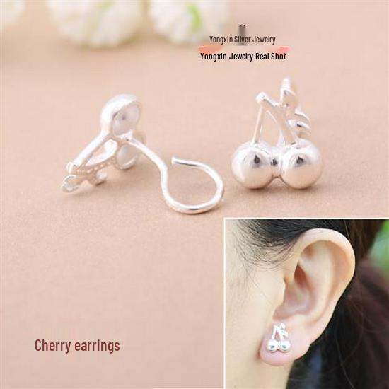 

999 Pure Silver Cherry Hook Stud Earrings for Women - Anti-loss, Breathable & Hypoallergenic Pure Silver