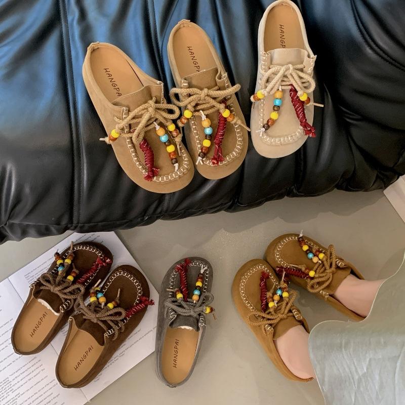 Retro and literary Korean lace-up cool slippers 2025 summer new versatile cool slippers versatile thick-bottomed cool slippers