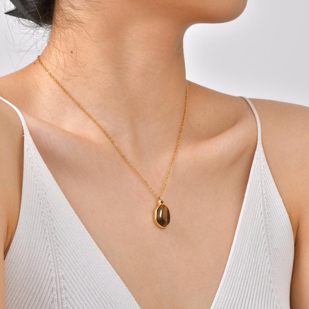 Stainless Steel Natural Tiger'S Eye Water Drop Pendant Necklace Female 2857