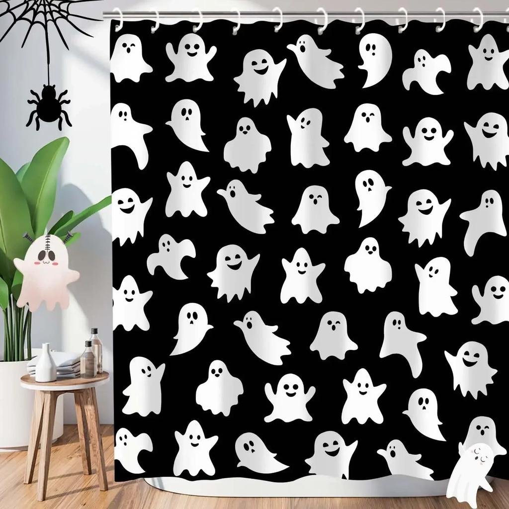 Halloween Scary Spooky Shower Curtain Pumpkin Bat Spider Scary Skeleton Holiday Gift Shower Curtains Bathroom Decor with Hooks