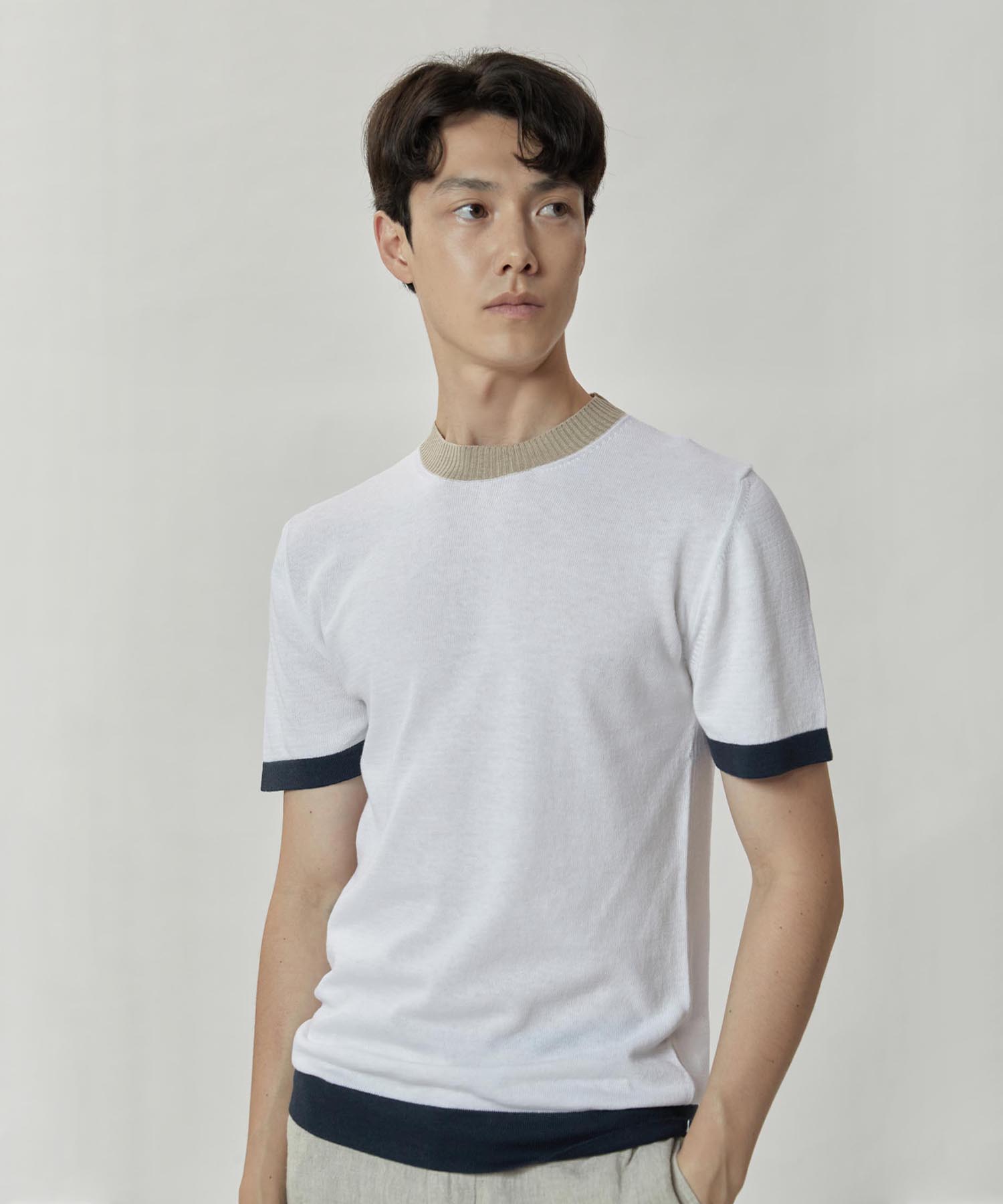 Panicalle White Cotton Linen Blend Short Sleeve Crew Neck Knit White/L