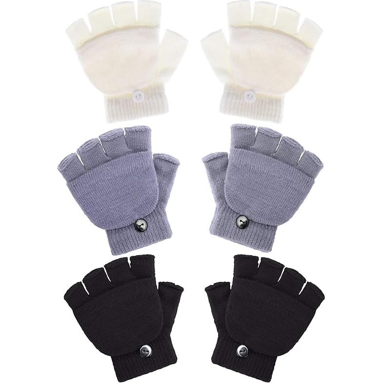 3 Pairs Kids Fingerless Mittens Convertible Flip Top Gloves Children Soft Knitted Gloves for Boys Girls Medium