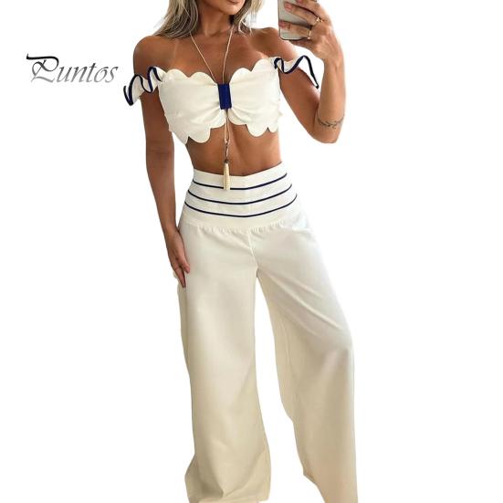 

2 шт./компл., женский укороченный топ, брючный костюм, бандо с низким вырезом, без рукавов, с рюшами, с открытой спиной, с высокой талией, с широкими штанинами, в полоску, однотонный, мягкий летний топ-труба для поездок на работу S белый