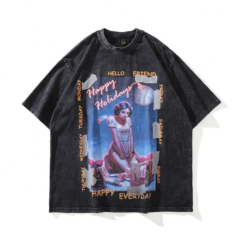 Harajuku Japanisch Y2K Spice Girls Anime Bedrucktes Gewaschenes Altes Kurzarm-T-Shirt Herren- Und Damen-Retro Guochao Marke T-Shirt