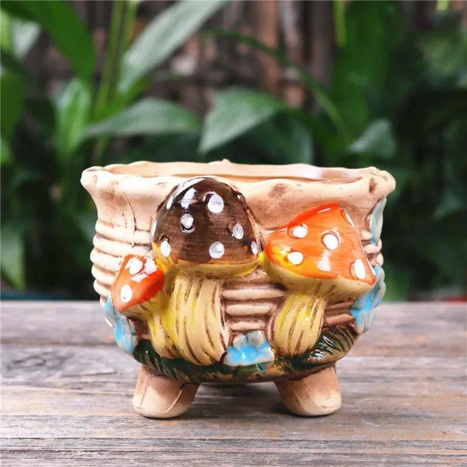 Mushroom Stoneware Succulent Flower Pot Living Room Decoration Planter Vintage Handicrafts Bonsai Pots Fairy Garden Personality