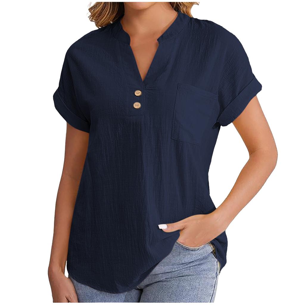 Women's Solid Color V-neck Short Sleeve Button Shirt In Breathable Cotton Linen with Washed Wrinkle, Fashionable European/American Style