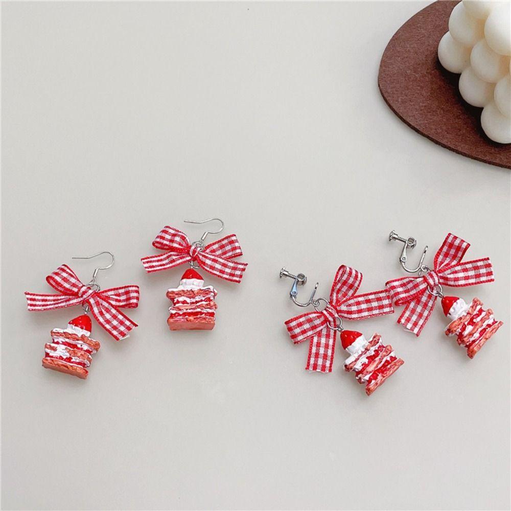 Ice Cream Bow Studs Earrings Non-piercing Cake Earrings Studs Creative Strawberries Ear Clip  Gift