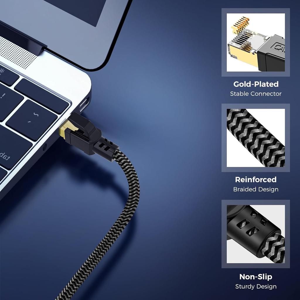 Cat 8 Ethernet Cable 1FT, High-Speed Braided Internet Cable Network Cord with Gold Plated RJ45 Connector 40Gbps 2000Mhz Heavy Duty LAN Cable Shielded
