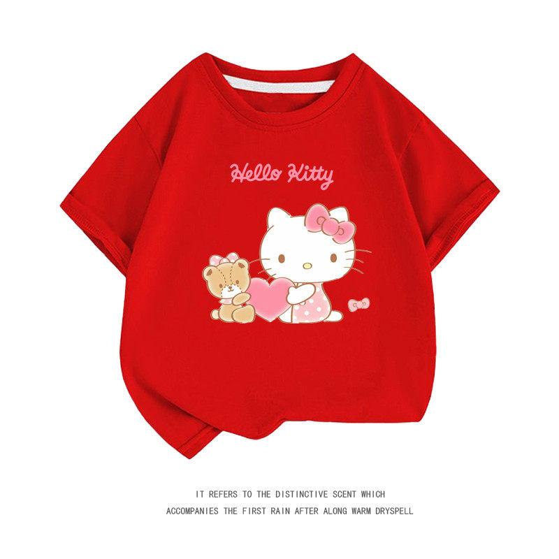 New Childrens Sanrio Hello Kitty Short Sleeved Pure Cotton Round Neck Fashionable Printed Tshirt Cartoon Parentchild Outfit
