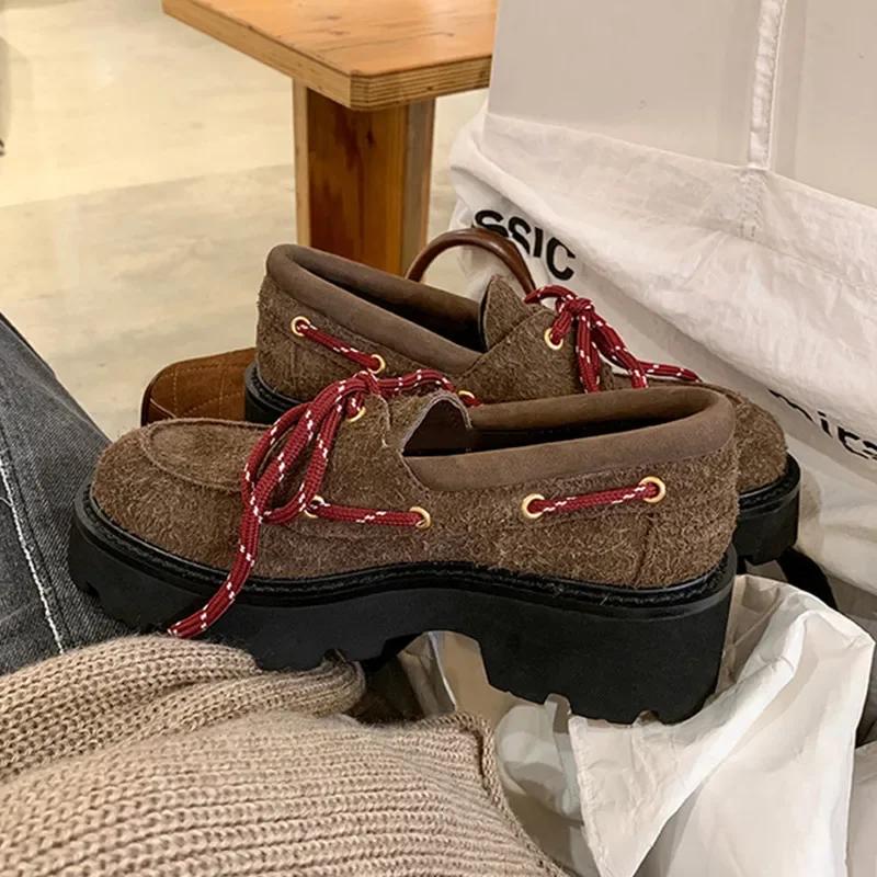Fashion High Quality Retro Lace Women's Shoes Fashion Leather Chunky Heel Platform Shoes for Women Comfortable Non-slip Casual Sneaker