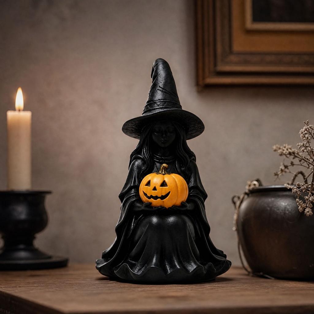 Halloween Witch Figurine Holding Pumpkin Resin Decor for Fall Home Shelf Table Ornament