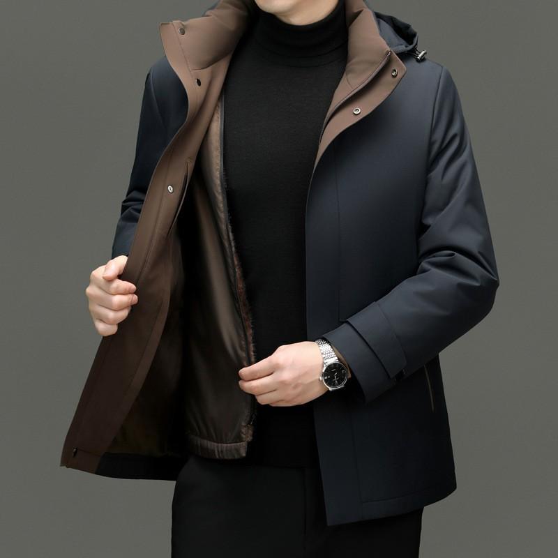 Mens Detachable Real Rabbit Fur Lined Parka Winter Thick Warm Coat Middle-Aged Men Casual Loose Fit