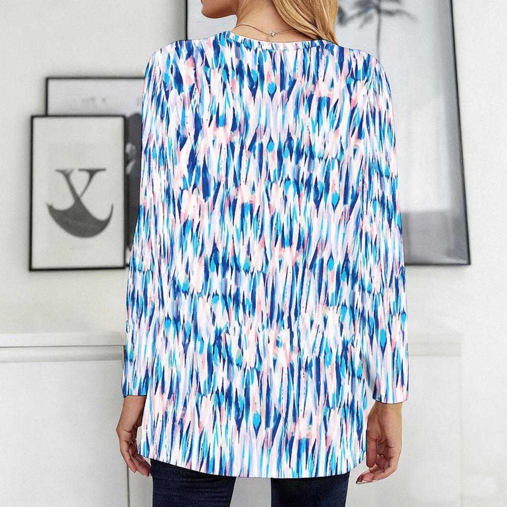 Women Plus Size Round Neck Printed Long Sleeve T Shirt Blue Brown Loose Fit Longline With Pockets