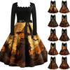 Women's Vintage Long Sleeve Square Neck Dress with Halloween Print for Party Evening Wear