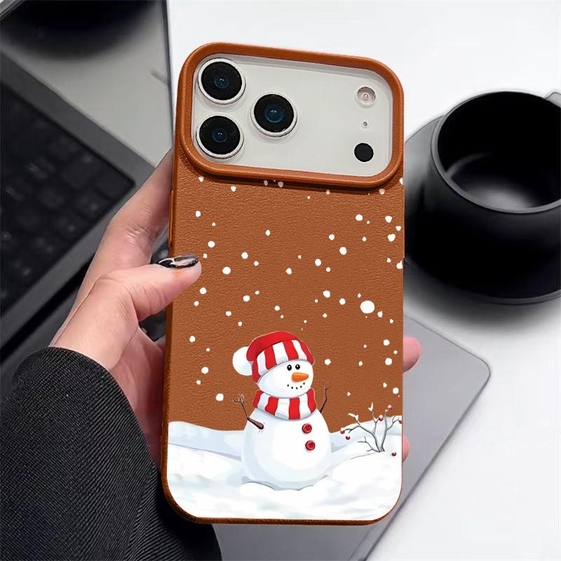 Christmas Winter Snowman Print Phone Case For iPhone Air 17 16 15 14 13 12 Pro Max 17 Pro 11 16e Leather Texture TPU Soft