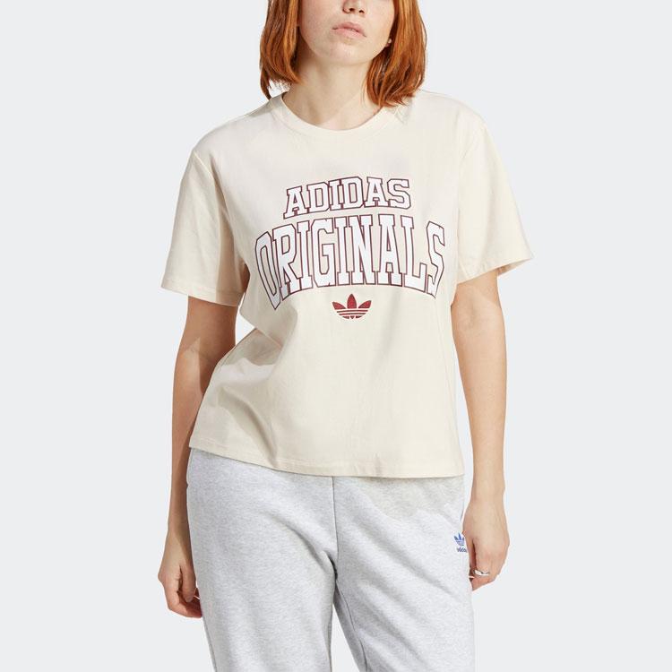 Adidas Originals Trefoil Letter Logo Print Round Neck Sport T-Shirt Women Tops Beige IC5981