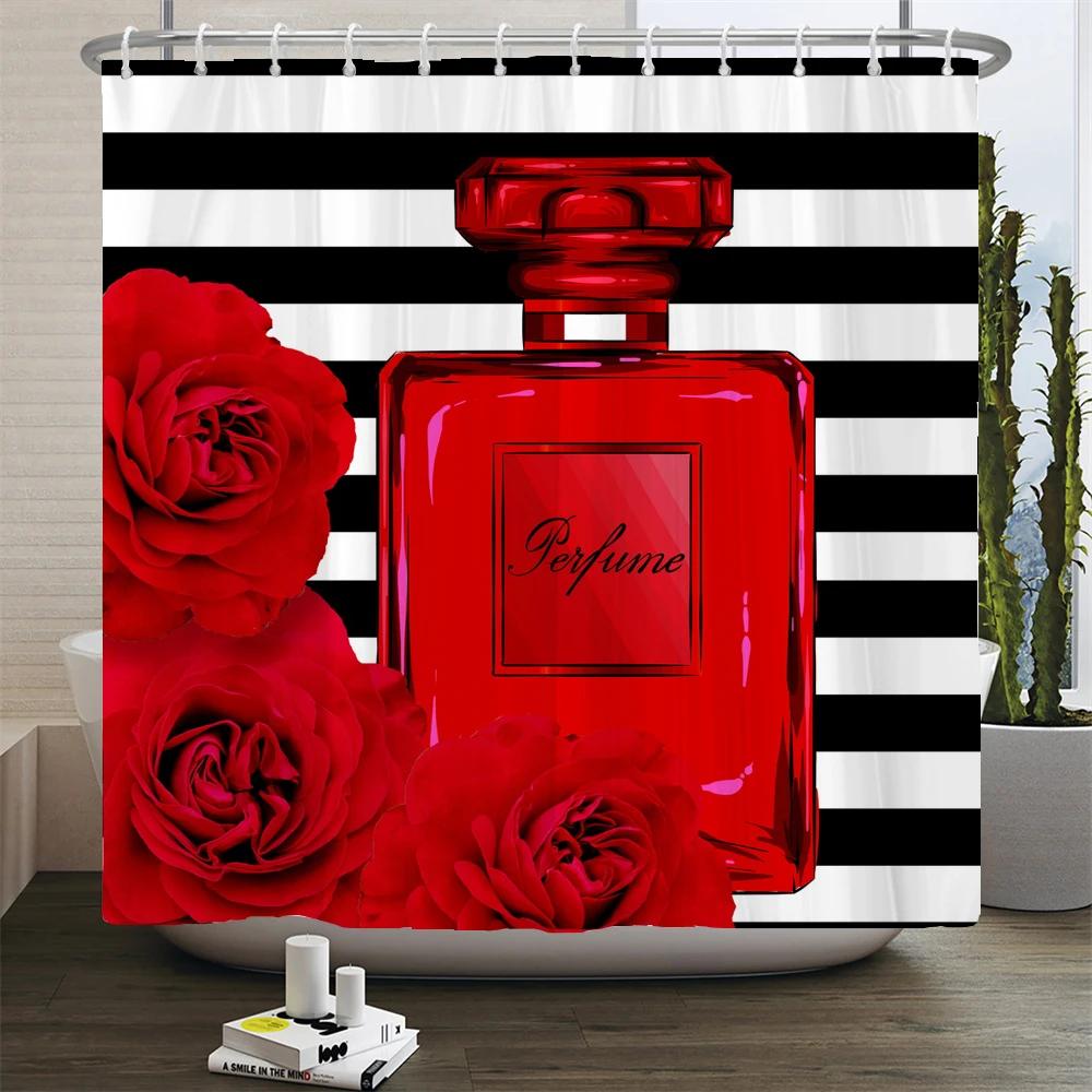 Ladies Perfume Flower Print Shower Curtain Fashion Bathroom Curtains Fashion Girly Women Polyester Bath Curtain Decor With Hooks