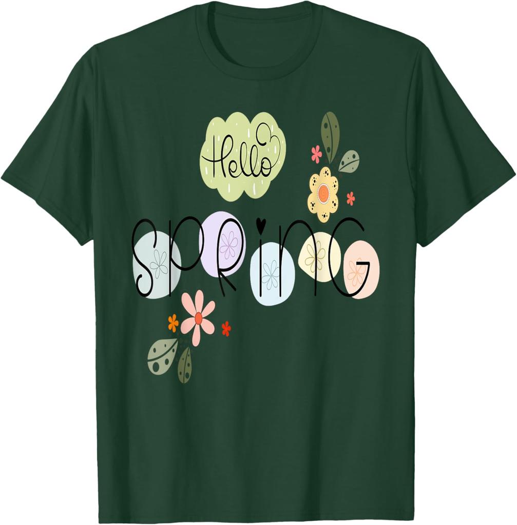 Hello Spring Flowers Graphic Tee Casual Cotton Short Sleeve T-Shirt Daily Wear