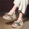 Genuine Leather Retro Flower Peep Toe Sandals Casual Versatile Thick Sole Thick Heel Women's Shoes