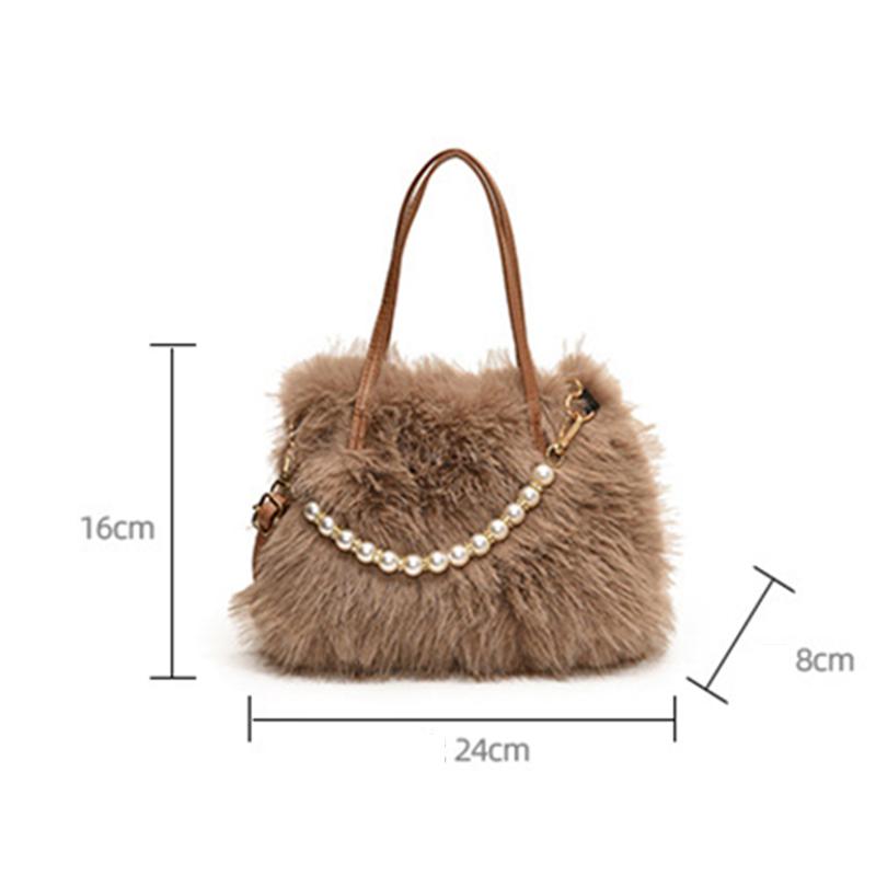 Hairy Handbag Pearl Chain Plush Small Square Bag For Women Fashion Elegant Shoulder Crossbody Bag Autumn Winter Versatile Totes