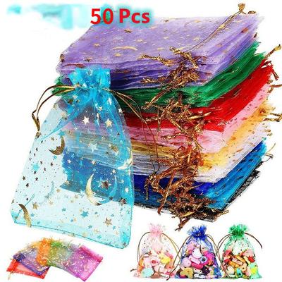 50 Stück, gemischte Farben, Mond und Sterne, Kordelzug, transparente Organza-Beutel, Schmuck, Geschenktüten, Bevorzugungs-Süßigkeitsbeutel