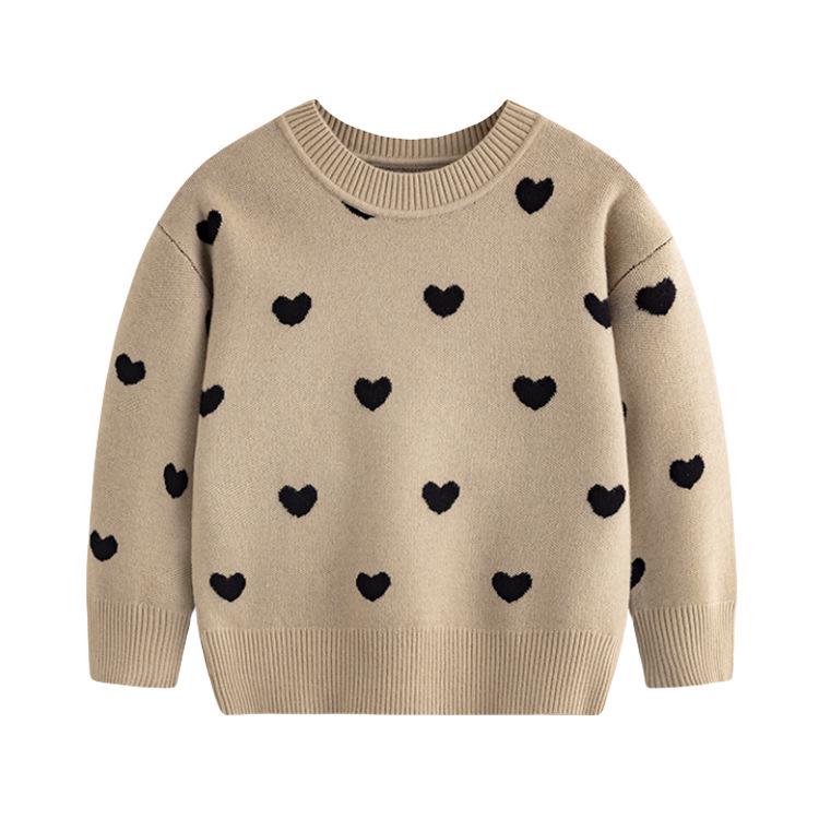 Girls' Heart Design Round Neck Long Sleeve Sweater - Korean Style Spring/Autumn Knitwear