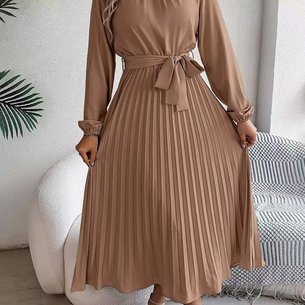 Autumn and Winter Elegant Stand-up Collar Long-sleeved Waist Pleated Long Dress Small Dress, Women's Clothing