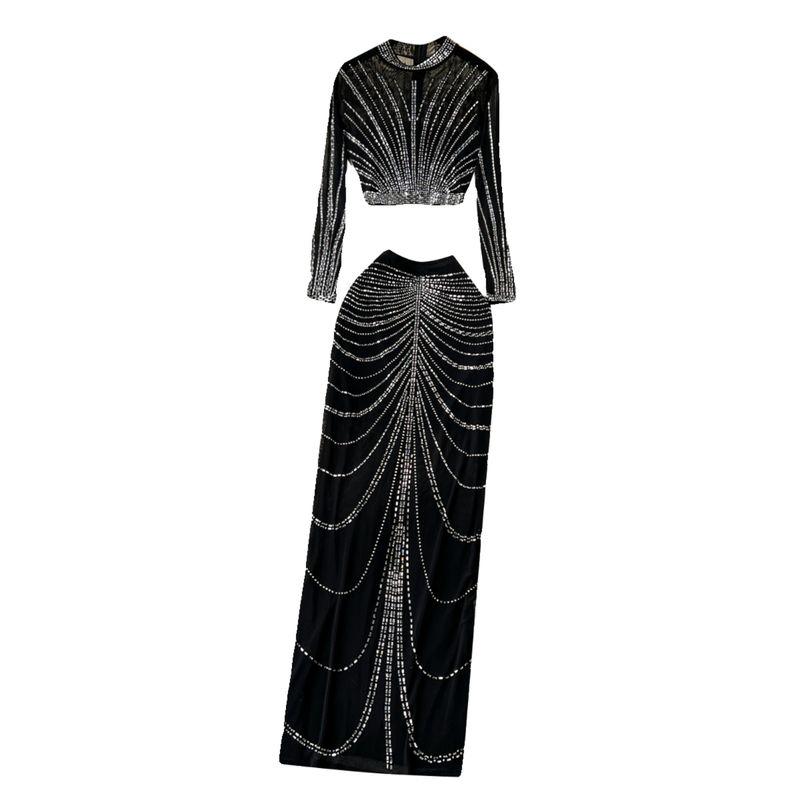 Fashion Socialite Style Suit Women's Accessible Luxury Heavy Embroidery Hot Drilling Long Sleeves Tops + Skirt Sheer Mesh Dress Fashion