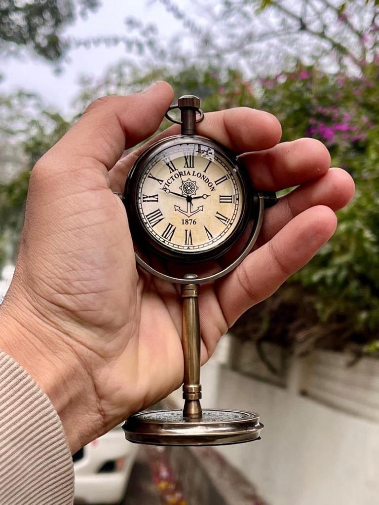 Antique Brass Pocket Watch Desk Clock  Roman Numeral Table Decor