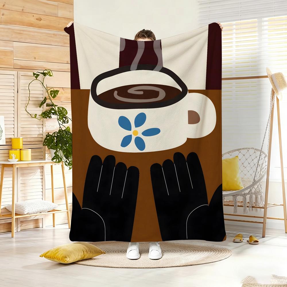 Cartoon C-Creative coffee illustration Throw Lightweight 240g Flannel Blanket Soft Skin-friendly for Summer Cooling