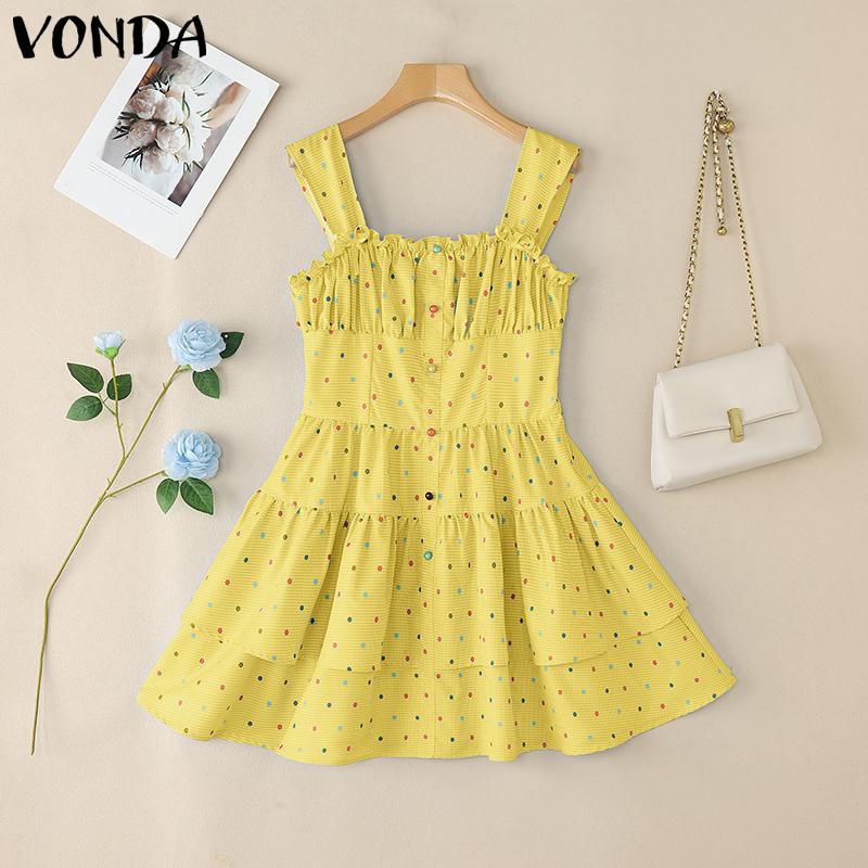 

VONDA Женское платье мини без рукавов на бретелях, повседневное, для вечеринки, многослойное, плиссированное, с принтом в горошек XL