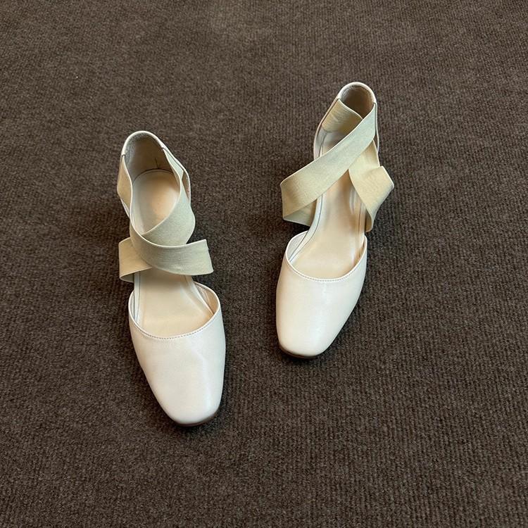 Easy To Wear Version~ New Retro Versatile Ballet High Heels Children Thick Heel Cross Belt Hollow Casual Bag Head Single Shoes