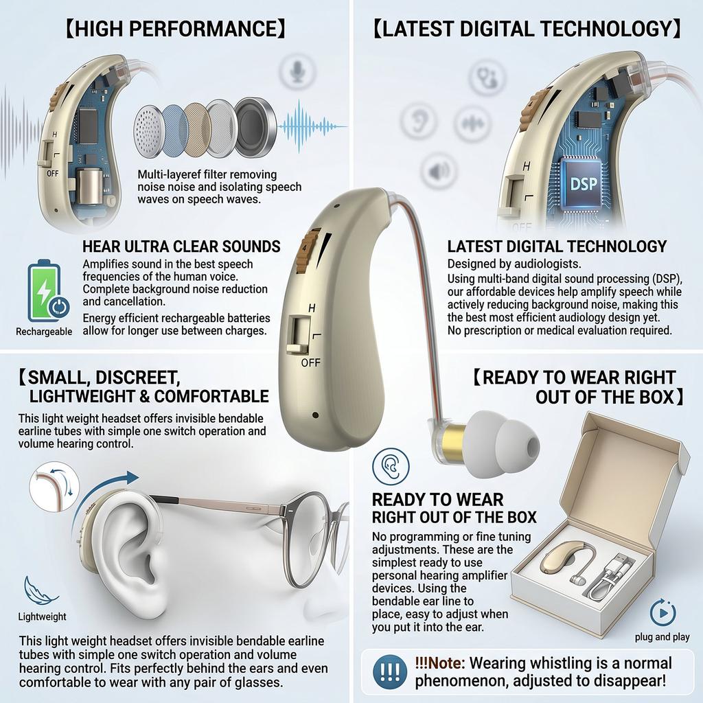 Mini Rechargeable BTE Hearing Aid Adjustable Tone Digital Sound Amplifier Portable Elder Hearing Device