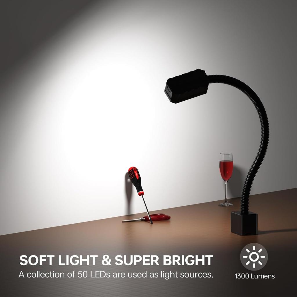 Magnetic Work Light, 1300 Lumens Led Machine Light with Strong Magnetic Base, Flexible Gooseneck Magnetic Lamp for Lathe and Drill Press, 10W 120V