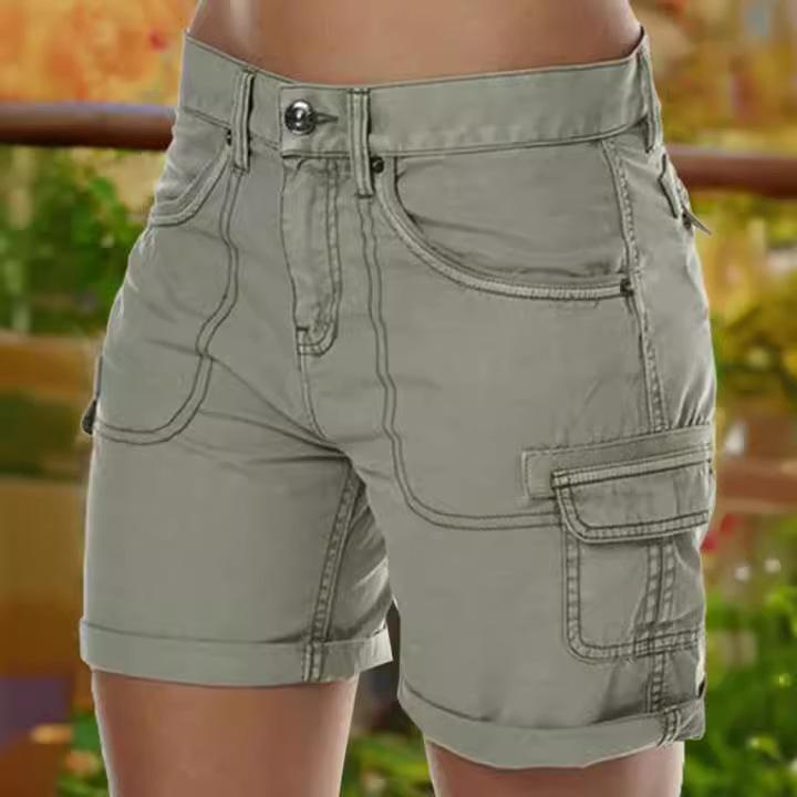 Women'S Cargo Shorts Loose Solid Color Mini Pant Summer Beach Shorts Buttons Short  Pants Trousers