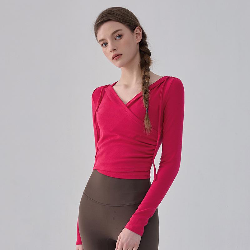 Women's Hooded Slim-Fit V-Neck Yoga Suit - Autumn & Winter Long-Sleeved Fitness Top for Running & Pilates