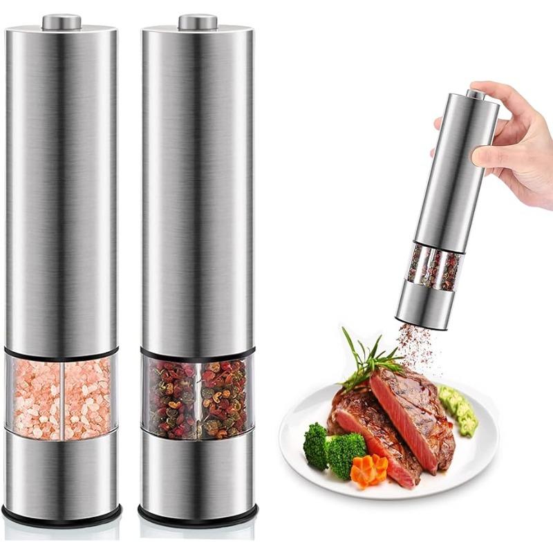 2pcs Electric Salt and Pepper Grinder Set, Automatic One Handed, Stainless Steel Grinders with Lights and Adjustable Coarseness