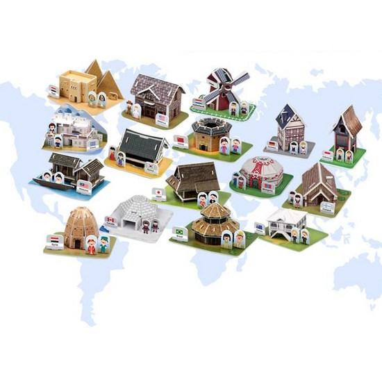 Svět výroby věcí, cestování po světě kultury, tradiční domy a tradiční oděvy po celém světě, trojrozměrné puzzle, korejské puzzle