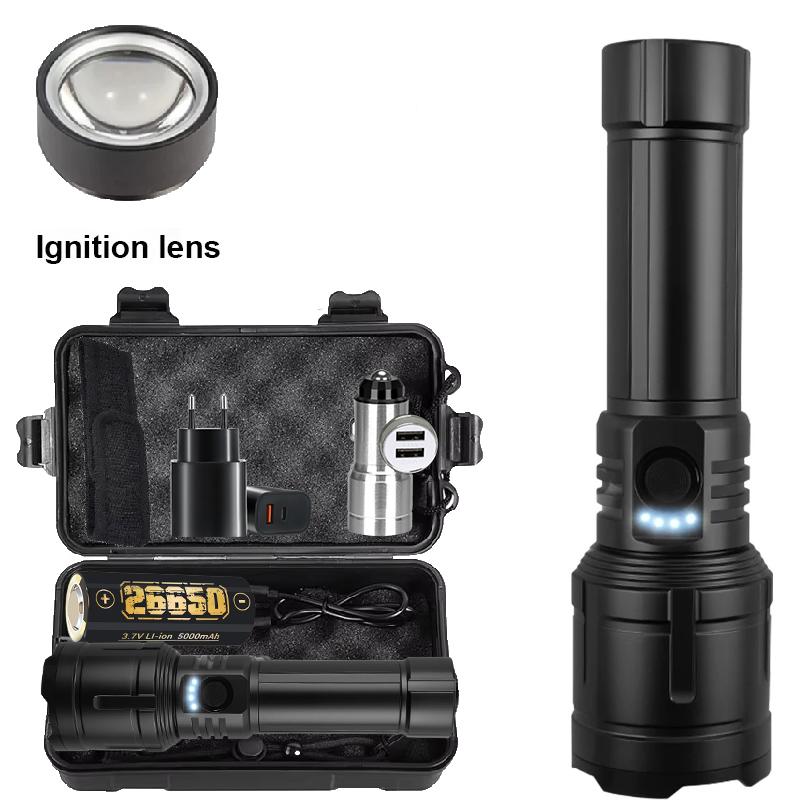 5000MAH Ultra Bright LED Flashlight  with Flame Ignition Type-C Rechargeable Tactical Torch Outdoor Camping Adventure Lantern