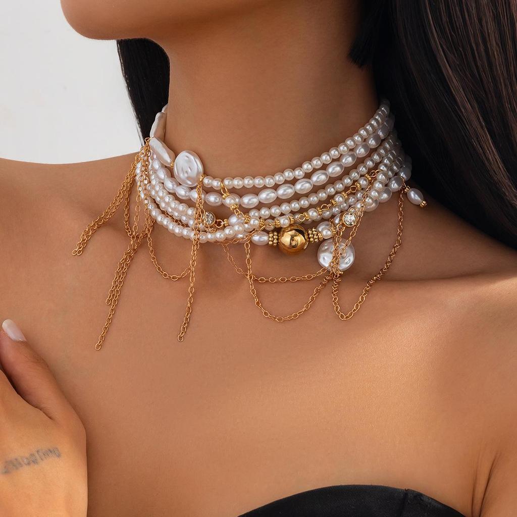 Luxury Pearl Beaded Multi-Layer Tassel Necklace with Alloy Chain