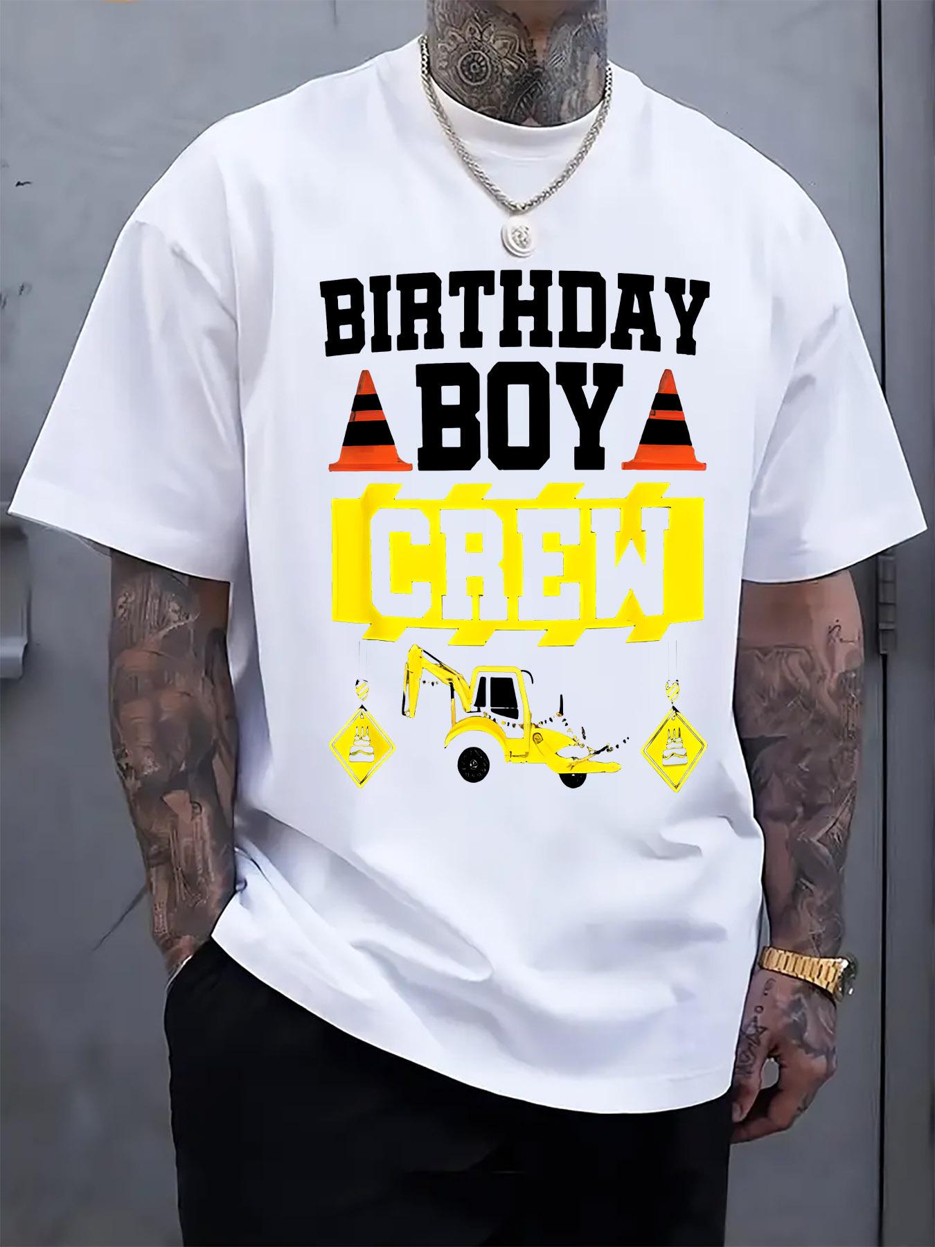 

Birthday Boy Crew Construction-Themed Graphic Tee - Black Casual Crew Neck Short Sleeve T-shirt with Yellow Excavator & Safety Signs S