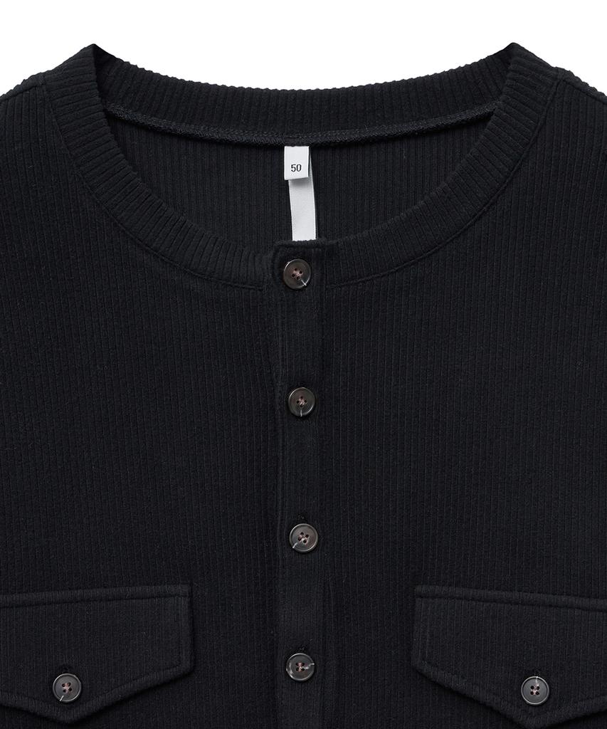 NOIRER Ribbed Henley Neck Long Sleeve T-Shirt (Black)