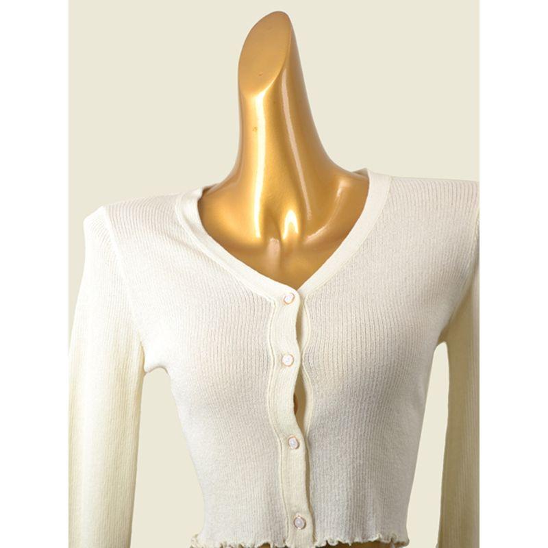 UJIA Wooden Ear Spring Color Matching Long Sleeves Thin Knitwear High Waist Cropped Cardigan