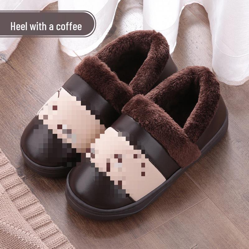 Women's and Men's Non-Slip Waterproof PU Leather Indoor Winter Slippers - Warm and Cute for Couples