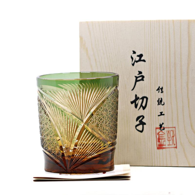 Jinzhi Japanese Edo Cut Crystal Glass Whiskey Wine Glass Engraved Fan Cup Retro Cup Gift Box