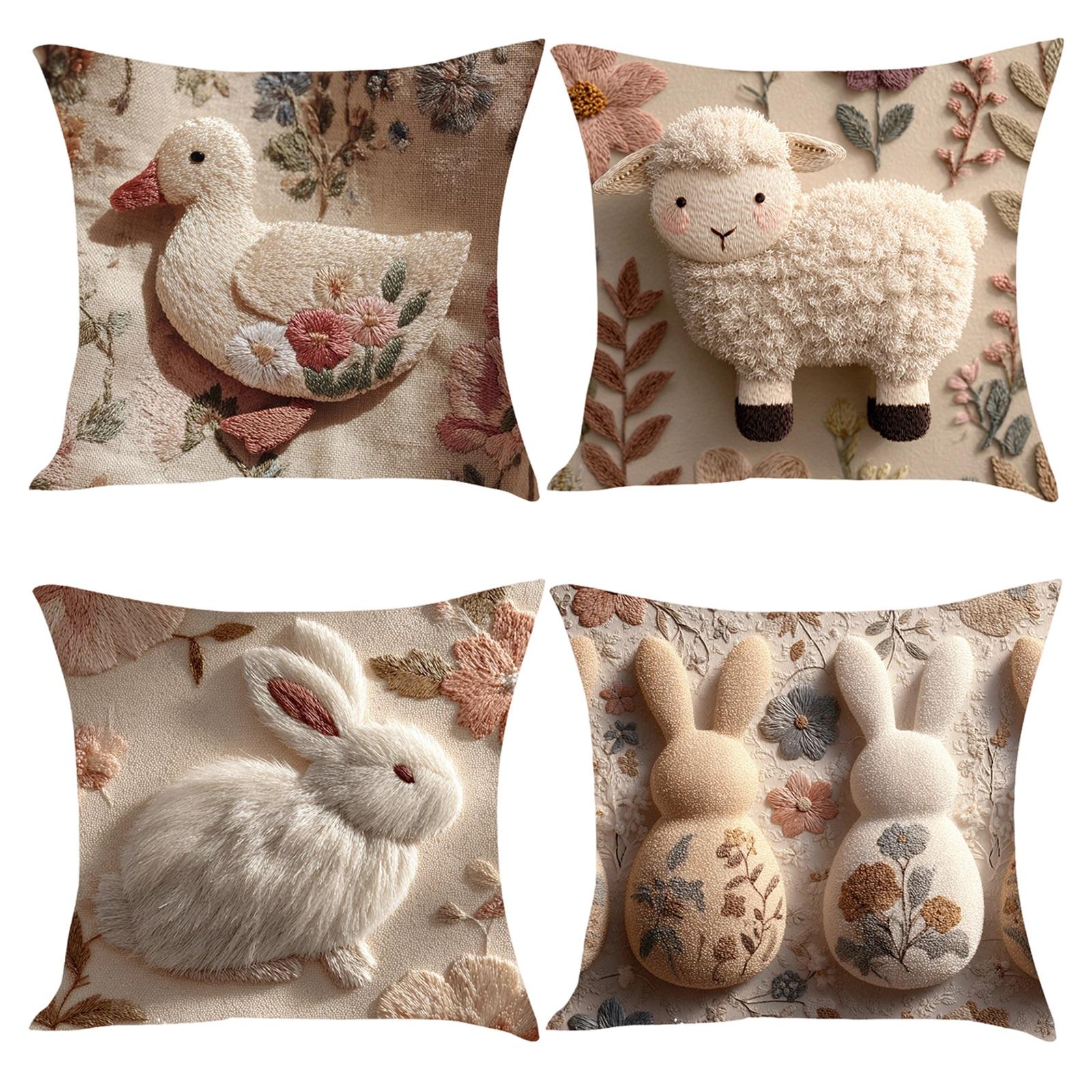 

4-pc Easter Pillow Cover With Imitation Embroidered Print Design For Bedroom, Living Room, Sofa, Cushion Cover, Pillowcase (Excluding Pillow Core) One Size