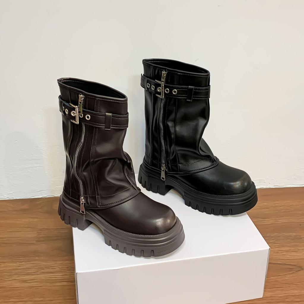 Internet celebrity tube boots British style thick-soled Martin boots small man heightened thick heel leather boots thin motorcycle boots