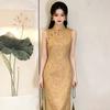 1011 yellow floating brocade cheongsam spring new improved national style elegant temperament printing daily wear girl