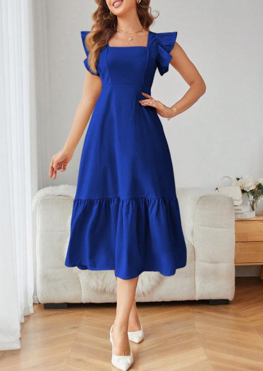 European and American summer new medium and long solid color splicing square neck dress A-shaped skirt